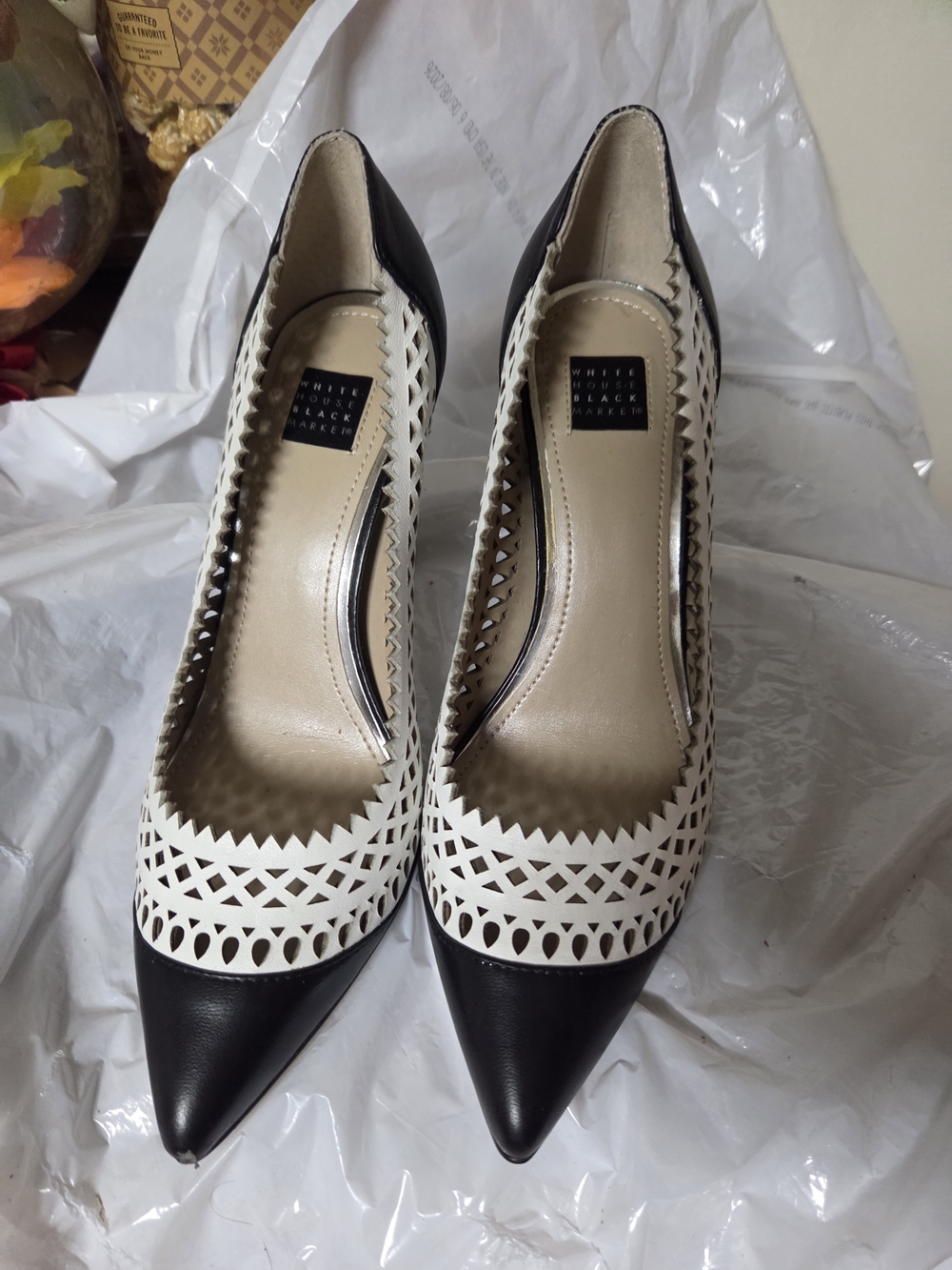 White House Black Market Black and White Laser-Cut Pointed Toe Pumps